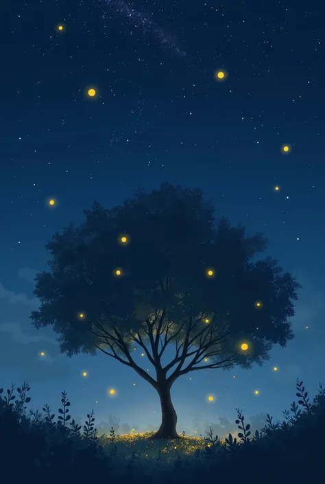 Night with firefly , tree, and stars anime