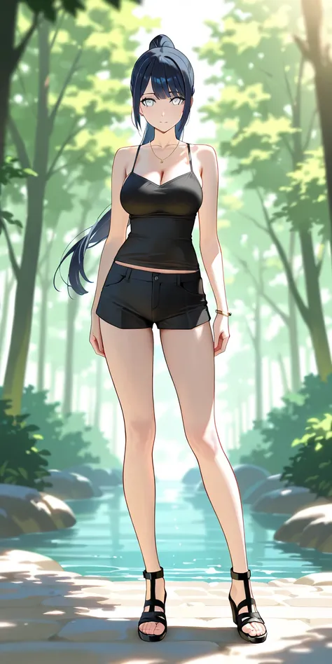 Masterpiece, elegant mature woman, hinata hyuga, white eyes color, black blue hair, high ponytail long hair, pony on forehead, hair hanging down on both sides of the face, tall body, black camisole, black short pants, full body, black gladiator style strap...