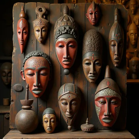 Traditional African masks arranged on a rustic wooden panel,  with tribal patterns and vibrant colors , including shades of red, brown and black.  The masks present different styles , some with geometric carvings ,  others with symbolic paintings and metal...