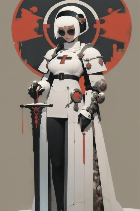     ladies 1,    High Definition Art   , Girl in armor,   big breast:1.2,    sword and shield  , Big Breasts, a nun with a black veil   ,  armor,   full body, glasses,   Black Veiled Nun with Sword and Shield , 