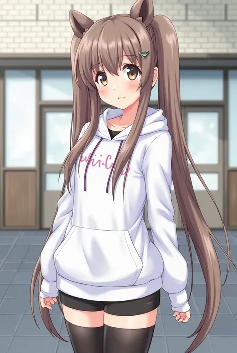  Hair,  tall twin tails,  straight bangs, Bear ears,  standing picture, White long sleeve, black thigh high socks,  hoodie,  long hair,  anime,  hotpants,  in front of Shimokitazawa station,  Bright Eyes ,  beautiful girl,