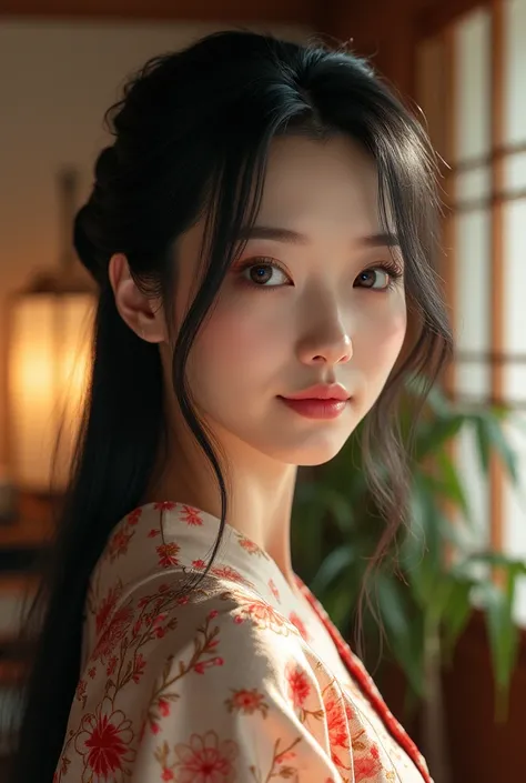 A hyper-realistic portrait of a Japanese woman with soft, delicate features. She has long, straight black hair with natural texture, gently cascading down her back. Her face is symmetrical, with high cheekbones, a subtle jawline, and smooth, porcelain-like...