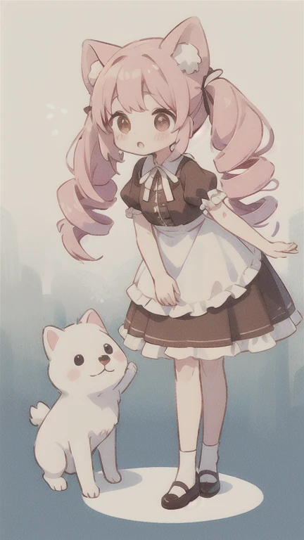 Droopy white dog ears 　 drill twin tail　 cuteデザイン,  the most beautiful girl I've ever seen、 deformed　 plain background　 1 girl, drill twin tail,  light pink hair　Droopy white dog ears , 縦巻き fluffy浮いてる　cute white and brown dress　Put a brown ribbon on your h...