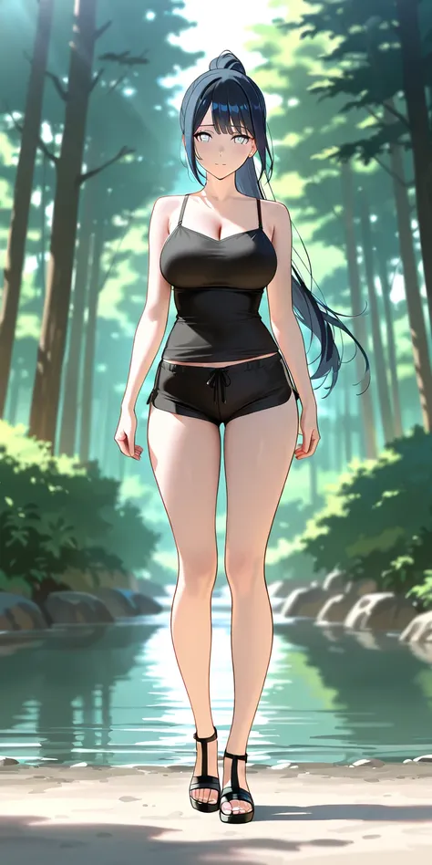 Masterpiece, elegant mature woman, hinata hyuga, white eyes color, black blue hair, high ponytail long hair, pony on forehead, hair hanging down on both sides of the face, tall body, black camisole, black mini hotpants, full body, black gladiator style str...