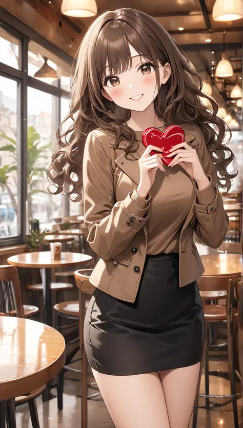 full body shot、masterpiece,  best quality,  very detailed, Thin legs、 big breasts,  beautiful details , ((she holds a large, heart-shaped Valentine's chocolate with both hands.)),Fine texture, Fine skin, Very cute girl, Alone, Happy smile, blush,   Brown H...