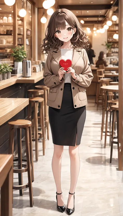 full body shot、masterpiece,  best quality,  very detailed, Thin legs、 big breasts,  beautiful details , ((she holds a large, heart-shaped Valentine's chocolate with both hands.)),Fine texture, Fine skin, Very cute girl, Alone, Happy smile, blush,   Brown H...