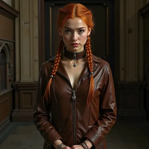 A portrait of a French girl with braided ginger hair, firmly handcuffed in medieval trial court. She's wearing a zipped brown leather jumpsuit. She has a BDSM leather collar on her neck