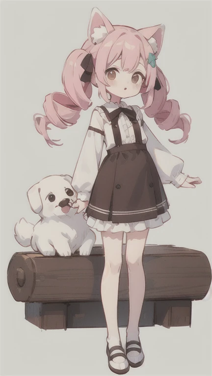 Droopy white dog ears 　 drill twin tail　 cuteデザイン,  the most beautiful girl I've ever seen、 deformed　 plain background　 1 girl, drill twin tail,  light pink hair　Droopy white dog ears , 縦巻き fluffy浮いてる　cute white and brown dress　Put a brown ribbon on your h...