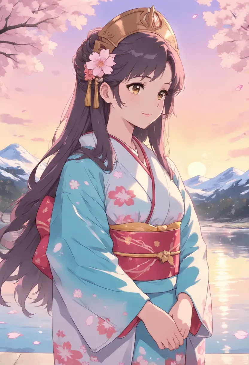 Asuna,  masterpiece,   Best Quality ,  detailed, (1 Girl),  is unique,  detailed golden eyes,  long hair,  permanent, Close to the audience , ( detailed kimono),  light smile ,  Medium Chest ,  ( behind the hands ), water, Sunset, (headdress), (Cherry Blos...