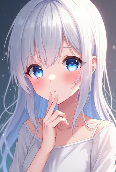 Anime with white hair,  glowing blue eyes and pink cheeks , vista em close-up,  serene and thoughtful expression.  Delicate details on her fair skin, with soft and delicate strokes reminiscent of watercolor.  She wears a light and loose white blouse,  with...