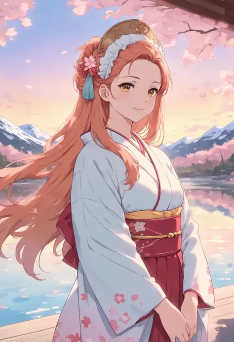 Asuna,  masterpiece,   Best Quality ,  detailed, (1 Girl),  is unique,  detailed golden eyes,  long hair,  permanent, Close to the audience , ( detailed kimono),  light smile ,  Medium Chest ,  ( behind the hands ), water, Sunset, (headdress), (Cherry Blos...