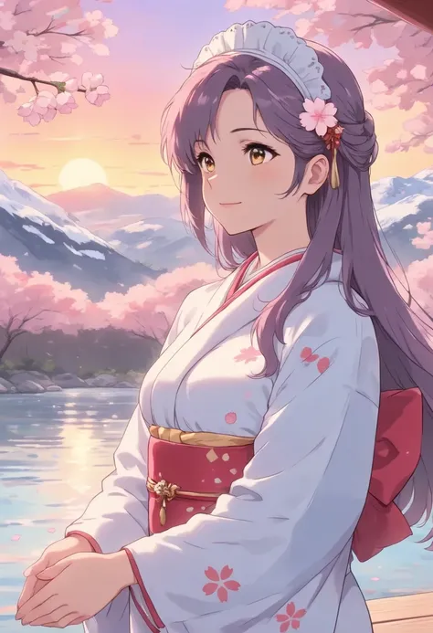 Asuna,  masterpiece,   Best Quality ,  detailed, (1 Girl),  is unique,  detailed golden eyes,  long hair,  permanent, Close to the audience , ( detailed kimono),  light smile ,  Medium Chest ,  ( behind the hands ), water, Sunset, (headdress), (Cherry Blos...