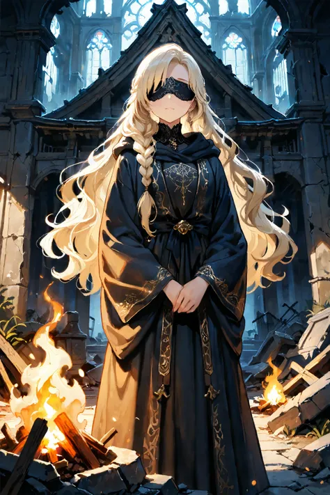 masterpiece, best quality, ultra detailed,  highres icon, 4K, 8k, extremely detailed CG,

upper body,

blonde hair,　long hair,　wavy hair,

standing in ruins,　circle ruins,

dark fantasy art style,　
a mysterious and ethereal woman with long silver hair tied...