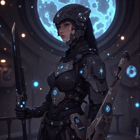 samurai、warrior、A cybernetic female cosmic samurai stands poised on the observation deck of a colossal interstellar battleship, her obsidian space-helm visor reflecting nebula patterns while maintaining her composed warrior’s gaze. Her right arm transforms...