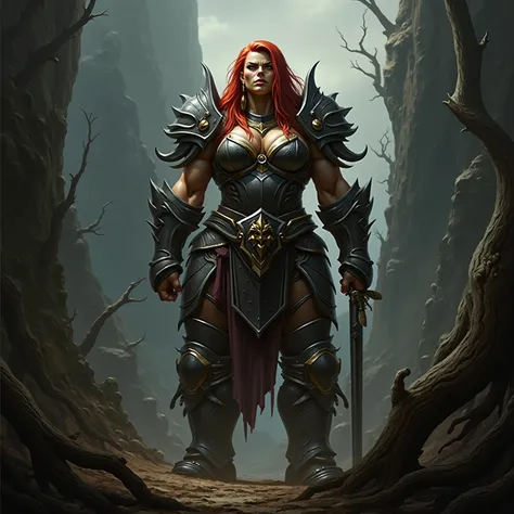 an female orc knight, she has long red hair, her armor is black, her breasts are large, she is very muscular,