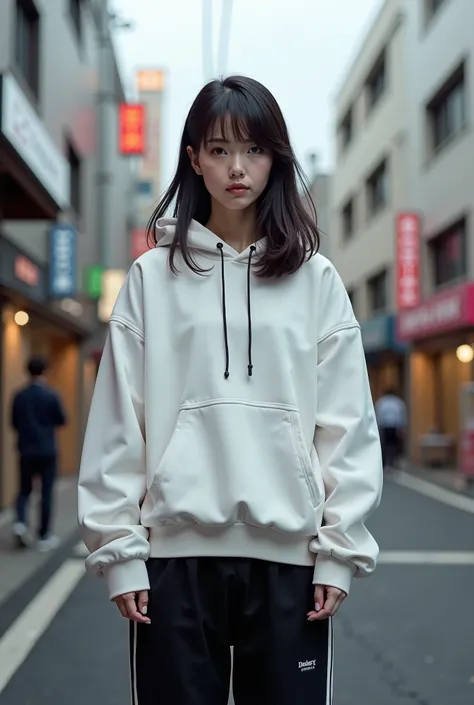 arafed woman in a white jacket and black pants standing on a city street, a picture inspired by Kanō Naizen, tumblr, realism, japanese streetwear, lofi girl aesthetic, lofi girl, ulzzang, anime style mixed with fujifilm, japanese city street fashion, girl ...