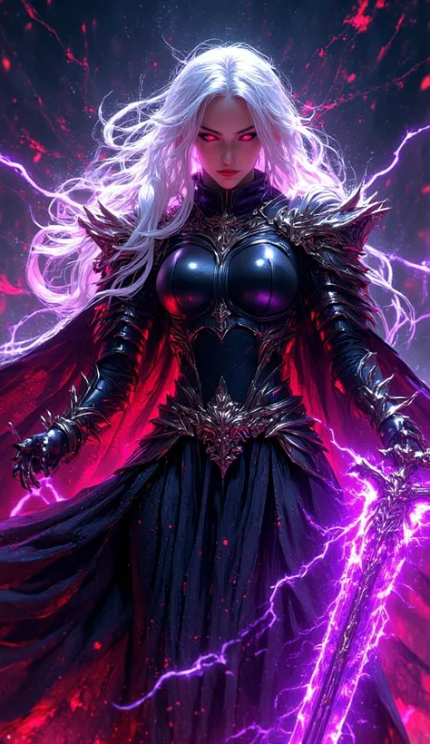 High resolution, details, asian woman, white hair neon violet, long hair, heroic look, red eyes, sexy sith suit, using violet lightning, surrounded by blood particles, vampire  