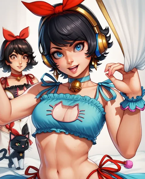 p3aegis, android, robot joints, hairband, headphones, red bow, josie rizal, josie rizal \(tekken\), josie rizal outfit \(tekken\),MenaceDG, short hair, bangs, black hair,blue eyes, crown, revealing clothes, pelvic curtain, cross-laced footwear, see-through...