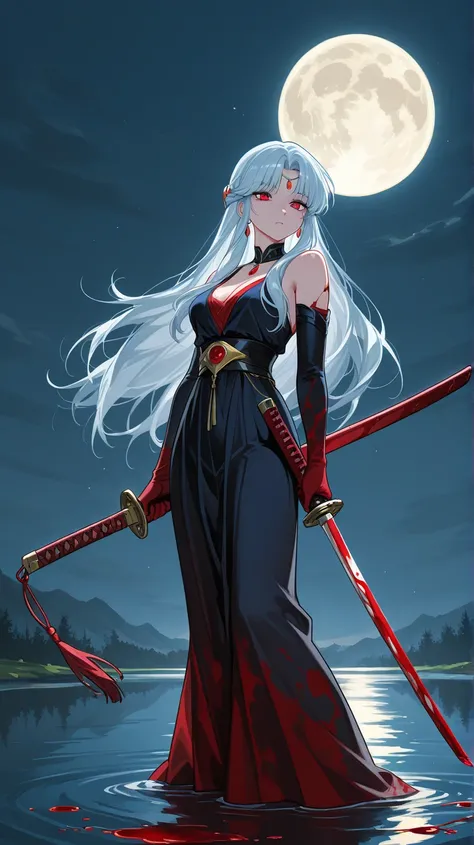 A woman half-demon but of angel-like beauty, having Blood Red eyes, holding a blood-stained katana, standing upright staring at the full moon in the middle of an icy lake 