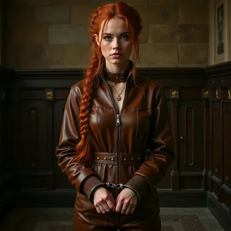 A portrait of a French girl with braided ginger hair, firmly handcuffed in medieval trial court. She's wearing a zipped brown leather jumpsuit. She has a BDSM leather collar on her neck