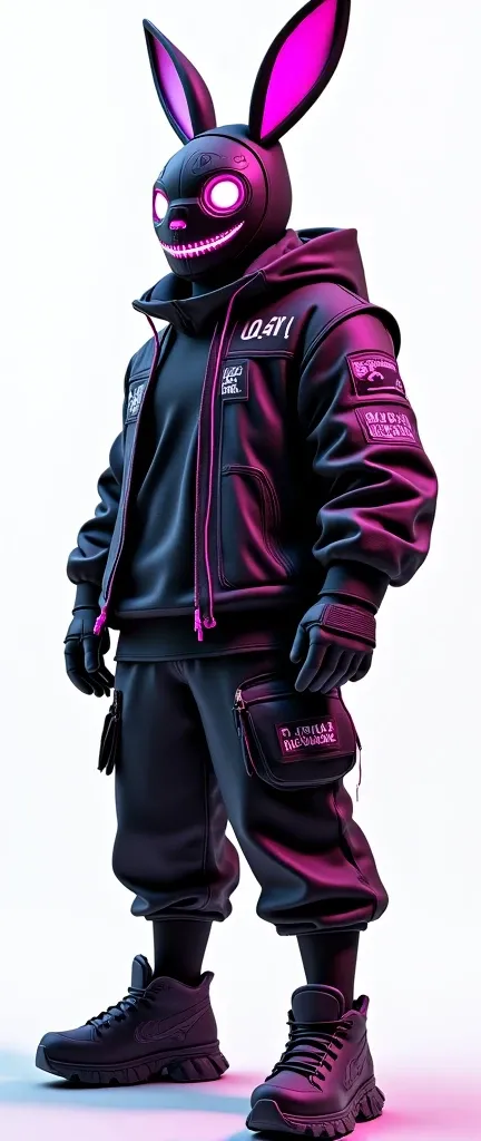 A man from the waist up, wearing a highly detailed and stylish urban outfit with a futuristic touch. The clothing features geometric patterns and layered techwear pieces in black (#000000) and white (#FFFFFF), with vibrant accents of neon pink (#FF007F) an...