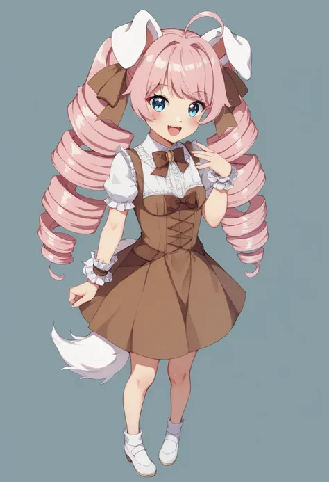 Droopy white dog ears 　 drill twin tail　 cuteデザイン,  The most beautiful girl I've ever seen 、 deformed　 plain background　 1 girl, drill twin tail,  light pink hair　Droopy white dog ears , 縦巻き fluffy浮いてる　cute white and brown dress　Put a brown ribbon on your ...