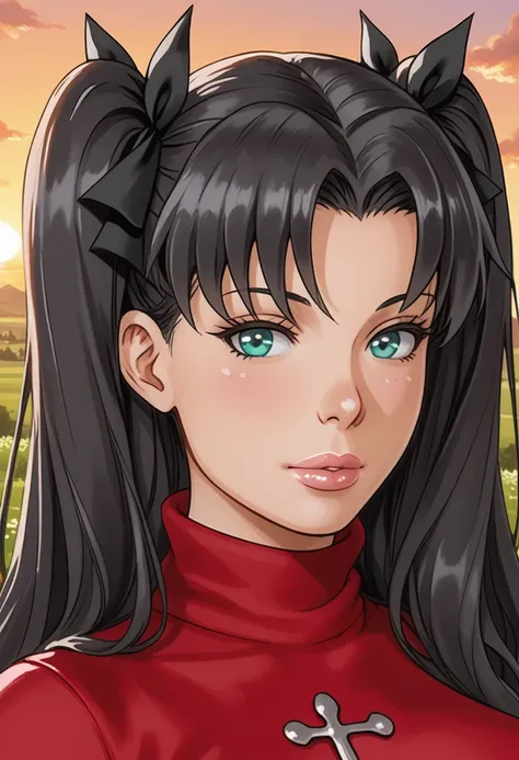 score_9, score_8_up, score_7_up, Western Comics, Portrait, Rin Tohsaka, cute, seductive, innocent, light smile:0.3, plump lips, slender body, aqua eyes, long wavy black hair, twin tails tied with black ribbons, red turtleneck, sunset, buddhist temple backg...