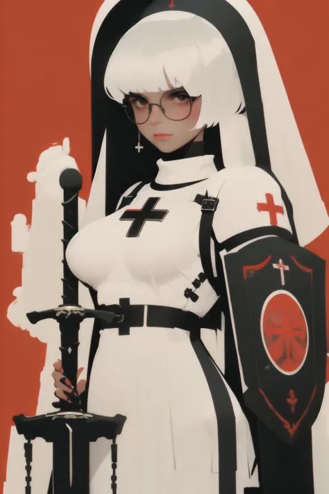     ladies 1,    High Definition Art   , Girl in armor,   big breast:1.2,    sword and shield  , Big Breasts, a nun with a black veil   ,  armor,   full body, glasses,   Black Veiled Nun with Sword and Shield , 