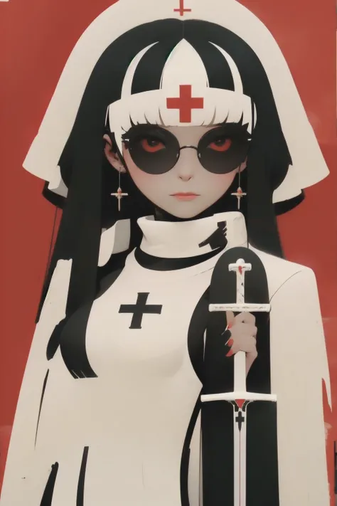     ladies 1,    High Definition Art   , Girl in armor,   big breast:1.2,    sword and shield  , Big Breasts, a nun with a black veil   ,  armor,   full body, glasses,   Black Veiled Nun with Sword and Shield , 