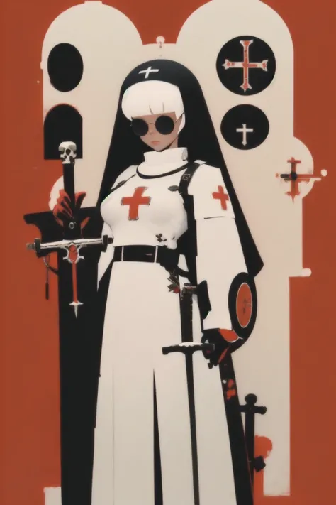     ladies 1,    High Definition Art   , Girl in armor,   big breast:1.2,    sword and shield  , Big Breasts, a nun with a black veil   ,  armor,   full body, glasses,   Black Veiled Nun with Sword and Shield , 