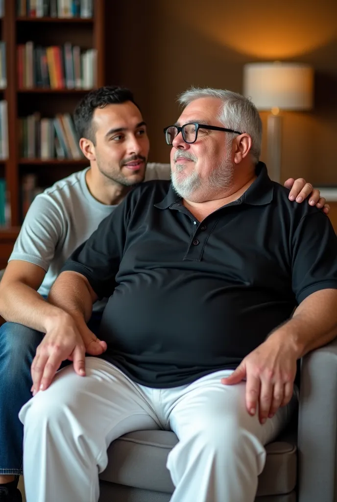 Chubby grandpa 60 year old , fat, mix Turkish and Mexican chubby, handsome masculine sense, thin hair almost bald, thin moustache, glasses, similar mix to Vince Gill and Jerzy Engel, wearing black Polo shirt and tight white trousers, sitting astride open w...