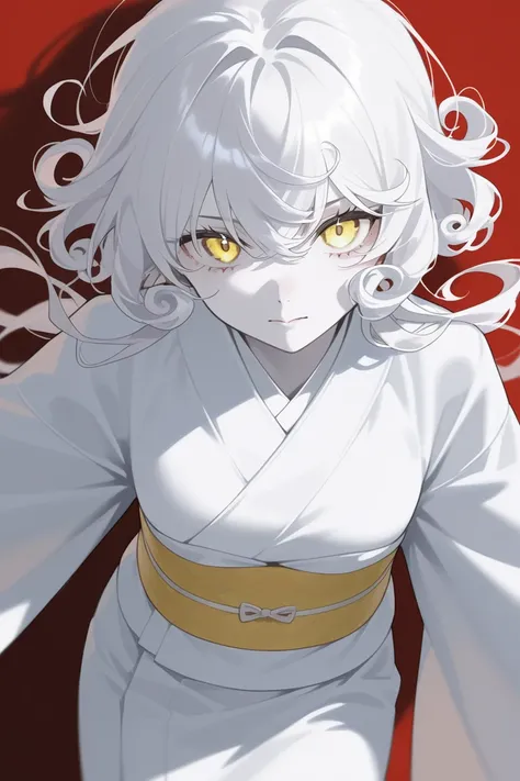  Paren.  Very pale skin.  white curly hair, long. Narrow yellow eyes with a vertical pupil.  dressed in a white kimono . 