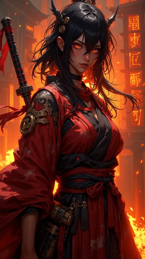  A realistic masterpiece digital painting ，Shows a mysterious female warrior ， with beautiful, glowing orange eyes ， standing in a dramatic pose 。 This female warrior has strong and fearless eyes，Dressed in a shabby red kimono 。