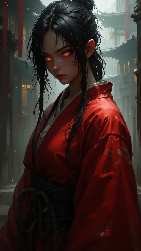  A realistic masterpiece digital painting ，Shows a mysterious female warrior ， with beautiful, glowing orange eyes ， standing in a dramatic pose 。 This female warrior has strong and fearless eyes，Dressed in a shabby red kimono 。