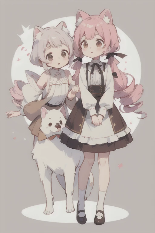 Droopy white dog ears 　 drill twin tail　 cuteデザイン,  the most beautiful girl I've ever seen、 deformed　 plain background　 1 girl, drill twin tail,  light pink hair　Droopy white dog ears , 縦巻き fluffy浮いてる　cute white and brown dress　Put a brown ribbon on your h...