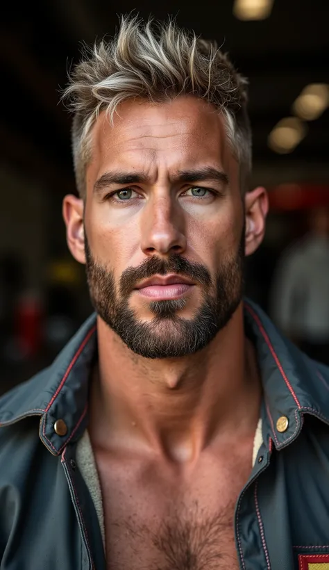 masterpiece, best quality, high resolution, closeup portrait, male focus, solo focus, A man, 35 years old, with firefighter uniform, closeup, firefighter suit, firefighter, bleached blonde silver hair, looking french, messy short hairstyle, lean body, cute...