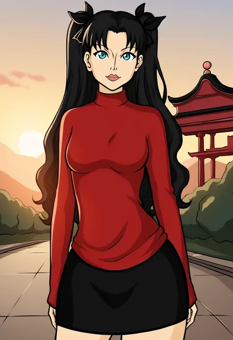 score_9, score_8_up, score_7_up, Western Comics, Cowboy Shot, Rin Tohsaka, cute, seductive, innocent, light smile:0.3, plump lips, slender body, aqua eyes, long wavy black hair, twin tails tied with black ribbons, red turtleneck, black skirt, sunset, buddh...