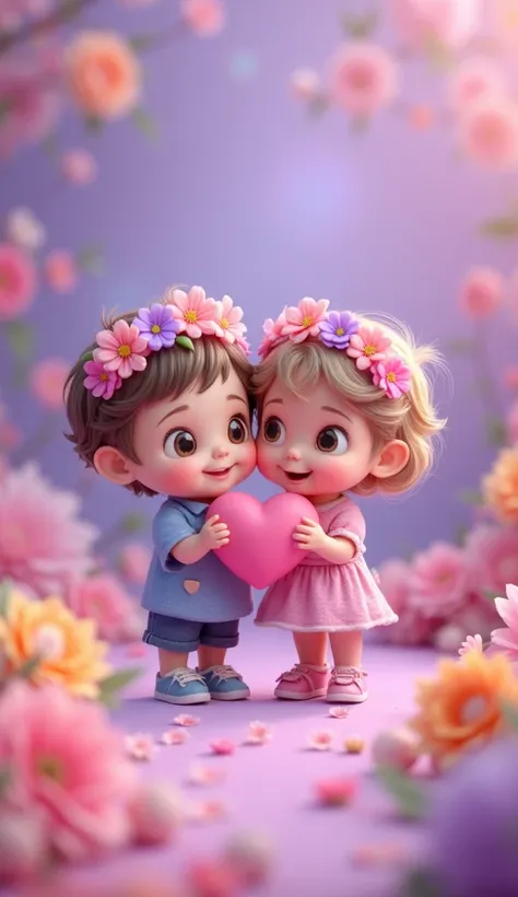 Cute happy  tiny innocent flobblecranium  pink and   cute tiny boy and girl holding pink 3D heart ,wearing pink purple flower crowns,purple background with flowers 