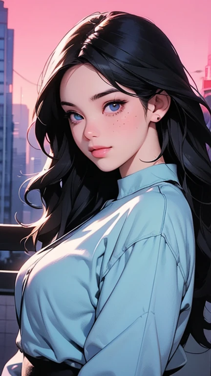 A stunning young woman with bright blue eyes, delicate freckles, and a captivating smile, wearing a modern, high-fashion outfit with intricate details, stands in a vibrant, abstract neon cityscape at night, with towering skyscrapers and neon lights reflect...