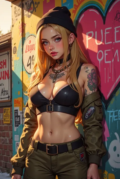 illustration of A stunningly beautiful girl, sexually suggestive illustration, 1girl, female, portrait, long hair, (blonde hair), thick eyebrows, pink lips, parted lips, sleeveless t-shirt, beanie, cargo pants, cleavage, punk, tattoos, standing, against wa...