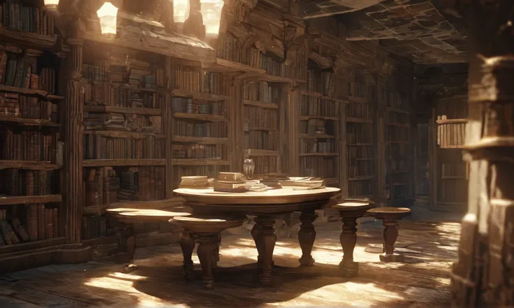 ( Close-up view of the table ), (An old empty oak table in an ancient medieval magic library), （Inside Enchanted  magical  Library,   His shelves are decorated with books ,  shimmering untold secrets and the quiet whispers of hidden desires., shining books...