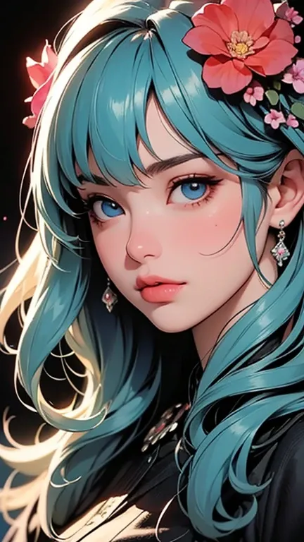 A stunning, luminous nymph with cascading, silky light green hair and piercing blue eyes, set amidst a resplendent, enchanted forest teeming with lush, emerald foliage and vibrant, exotic flowers, adorns a resplendent, ornate crown of blossoming wildflower...