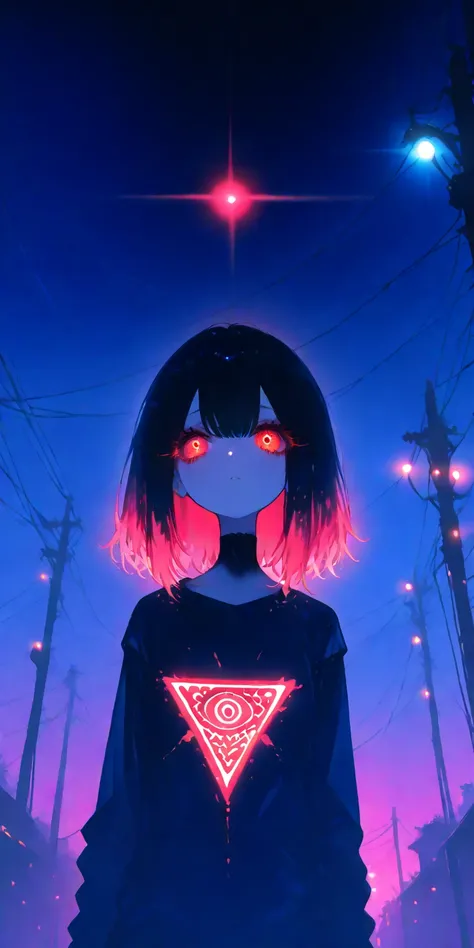 1girl,street lights, neon-color black light, tilt angle,Eye of Providence in sky,fish-eye-lens