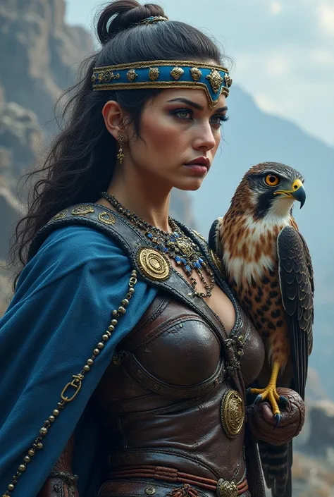 Create a peregrine falcon stands on a queens shoulder with blue crown a barbarian queen