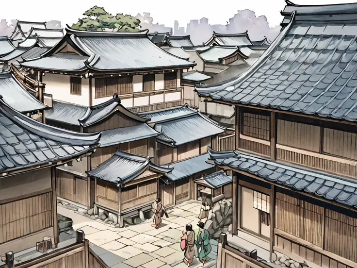 Tenement houses from the Warring States period in Japan　 people in Manfu　 Comic Style