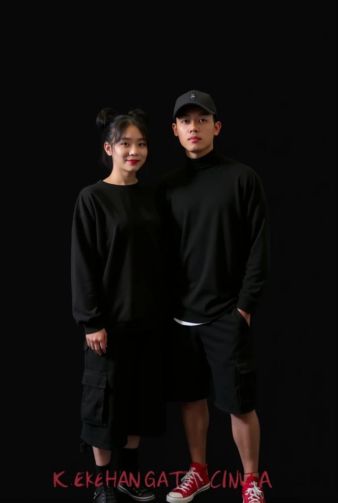 A photo of a beautiful young Korean woman with black bun hair. She is wearing a black long-sleeved shirt and black cargo short pants, standing with a smile. Beside her is a handsome Korean man wearing a black baseball cap, a black high-collar long-sleeved ...