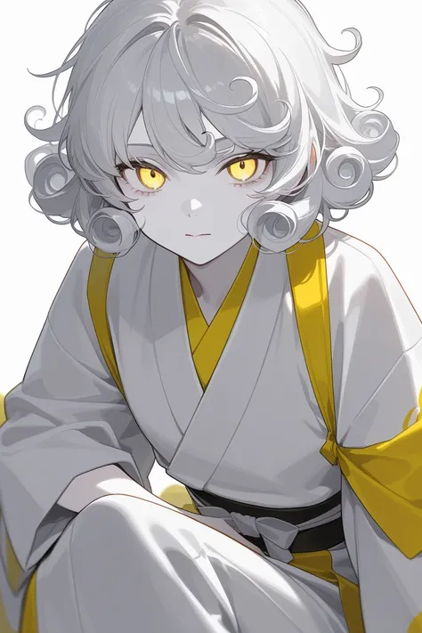  .  Very pale skin.  white curly hair, long. Narrow yellow eyes with a vertical pupil.  dressed in a white kimono . 