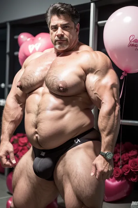    Hyperrealistic image of Lou Ferrigno, a very mature and fat bodybuilder, dressed in pink latex shorts, surrounded by heart-shaped balloons and red roses , playing a male angel   ,with pink angel wings  ,   very long gray hair     ,     with a bare torso...