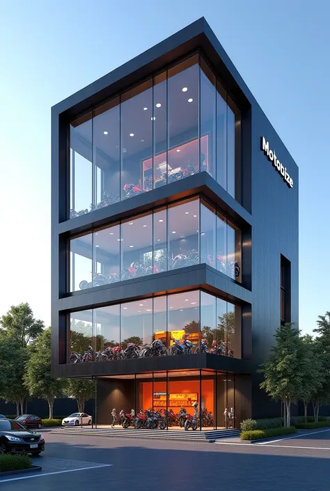 Generate a 3 floors building build with glass in outer, exterior design, in the first floor showing a lot of motorcycle, bigbikes and honda click motorcycles, make it full of motorcycles. The name of the building is Motoblaze. Make it a bigger building, a ...