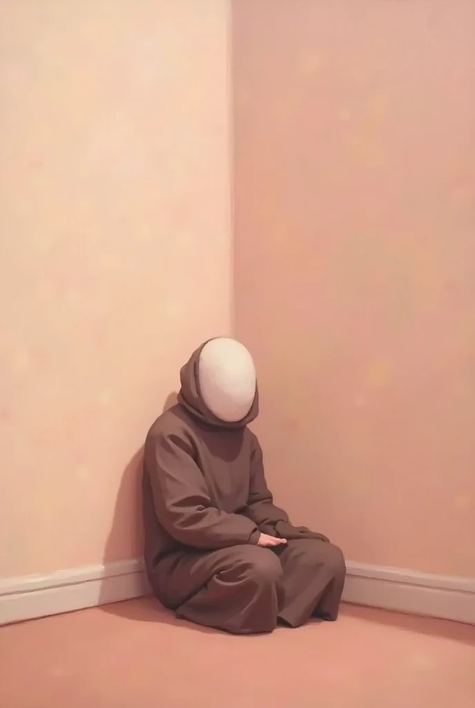 Make a faceless oil painting of a person sitting in corner, theme is mainly pink and beige